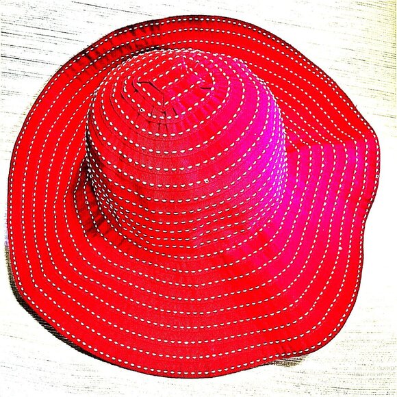 Handmade ? Accessories - Vintage Red Women's Round Sun Hat Stitched Ribbon One Size  -22 3/4" Inside Rim